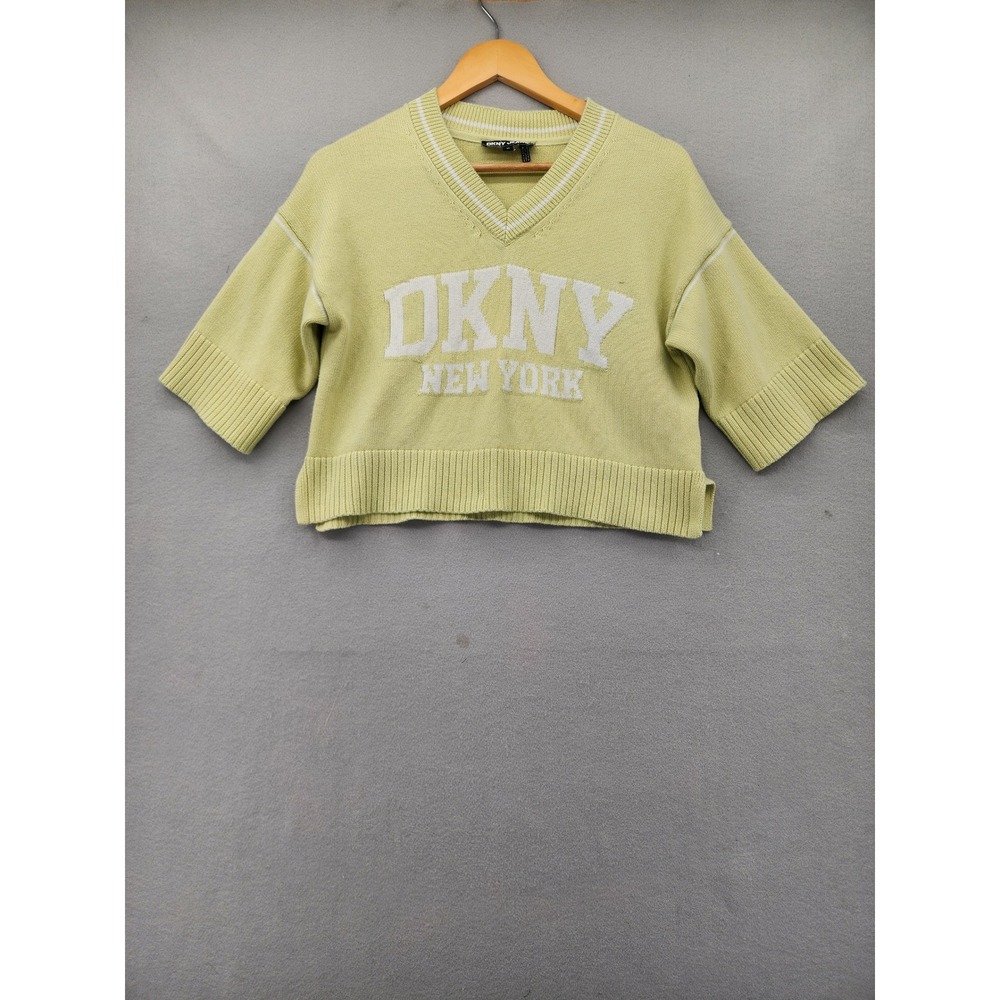 DKNY Jeans XS Cropped Knit Sweater Lime Green Logo Short Sleeve V-Neck Top - Picture 3 of 15